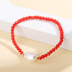 Red Acrylic & Pearl Beaded Stretch Bracelet