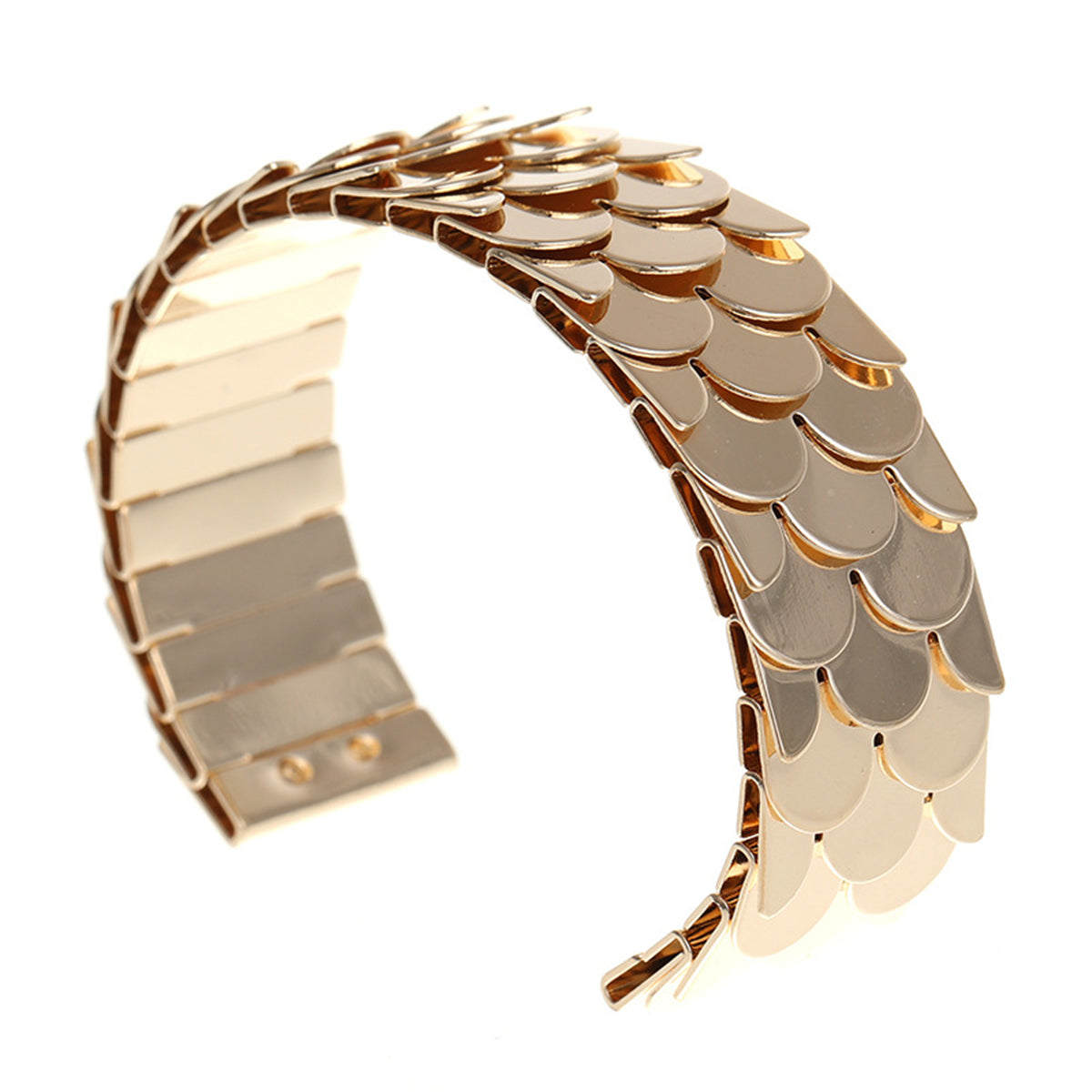 18K Gold-Plated Fish Scale Cuff, gold bracelet for women, botanical inspired, front view