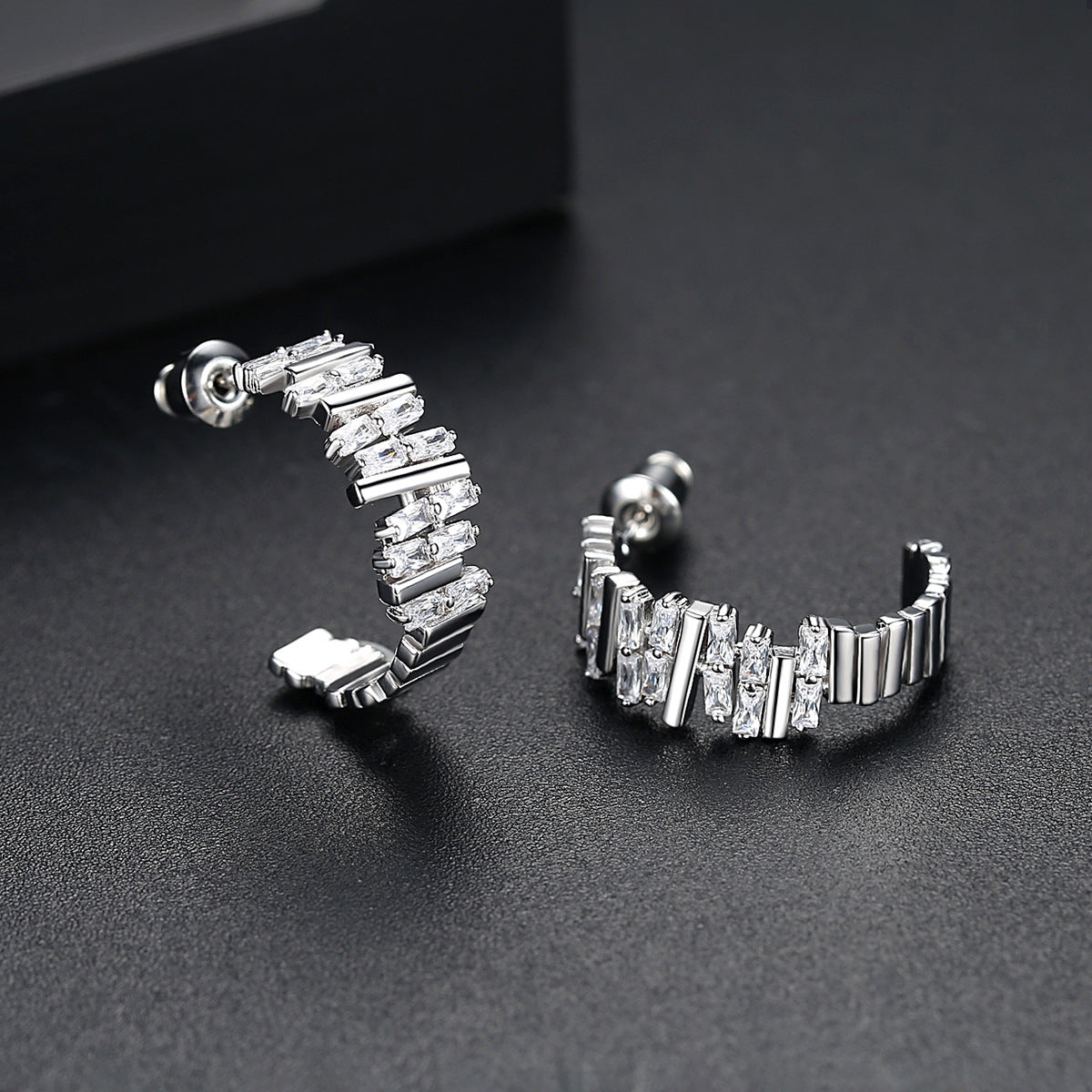 Crystal and Silver-Plated Ladder Huggie Earrings, silver huggie earrings, everyday style, detail close-up