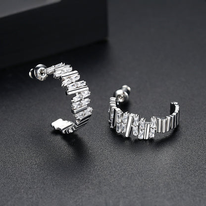 Crystal and Silver-Plated Ladder Huggie Earrings, silver huggie earrings, everyday style, detail close-up