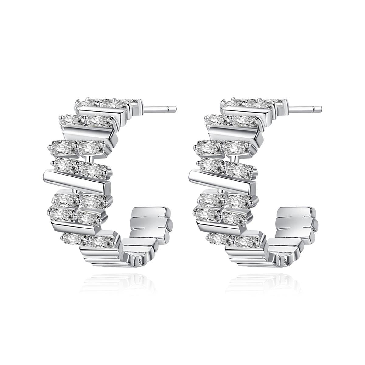 Crystal and Silver-Plated Ladder Huggie Earrings, silver huggie earrings, everyday style, front view