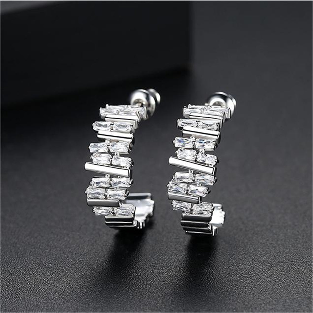 Crystal and Silver-Plated Ladder Huggie Earrings, silver huggie earrings, everyday style, side view