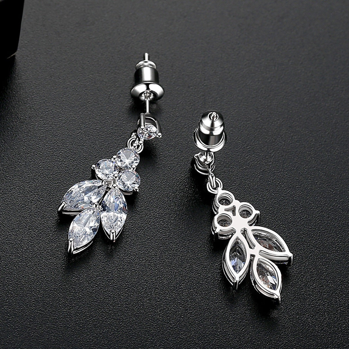 Crystal and Cubic Zirconia Silver-Plated Leaves Drop Earrings, silver drop earrings for women, botanical inspired, side view