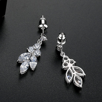 Crystal and Cubic Zirconia Silver-Plated Leaves Drop Earrings, silver drop earrings for women, botanical inspired, side view