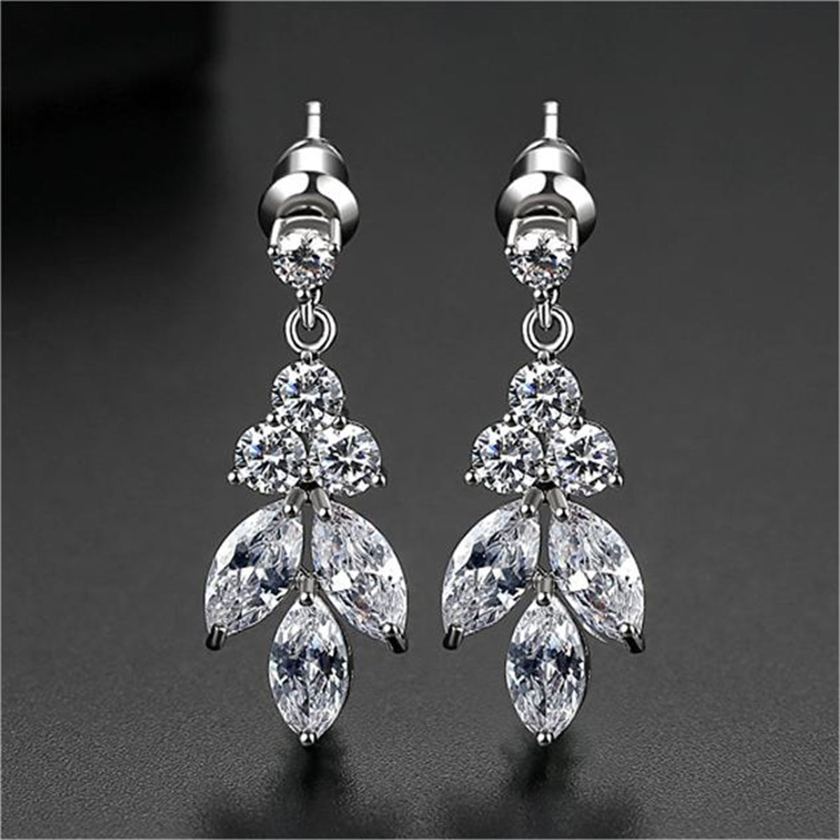 Crystal and Cubic Zirconia Silver-Plated Leaves Drop Earrings, silver drop earrings for women, botanical inspired, front view