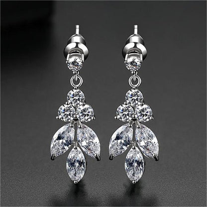 Crystal and Cubic Zirconia Silver-Plated Leaves Drop Earrings, silver drop earrings for women, botanical inspired, front view