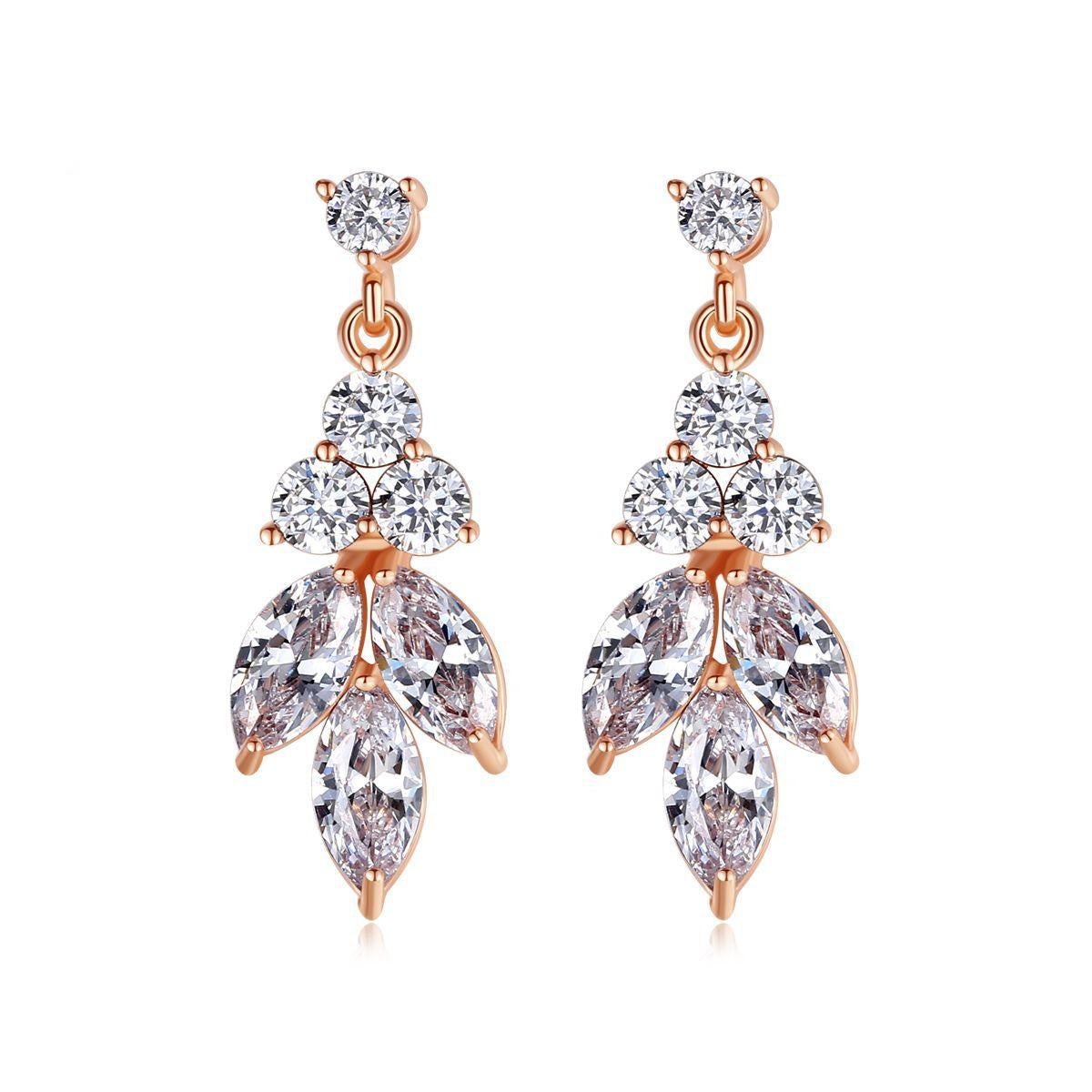 Crystal and Cubic Zirconia 18K Rose Gold-Plated Leaves Drop Earrings, rose gold drop earrings for women, front view