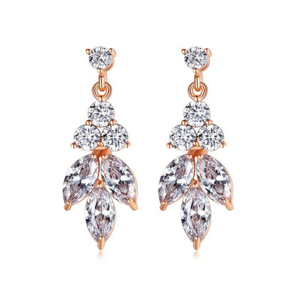 Crystal and Cubic Zirconia 18K Rose Gold-Plated Leaves Drop Earrings, rose gold drop earrings for women, front view