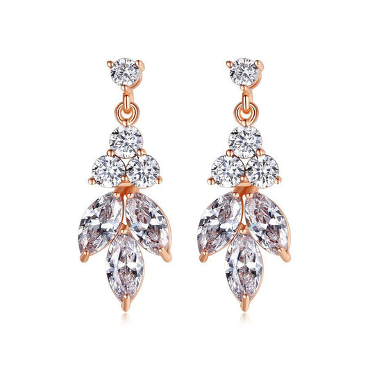 Crystal and Cubic Zirconia 18K Rose Gold-Plated Leaves Drop Earrings, rose gold drop earrings for women, front view