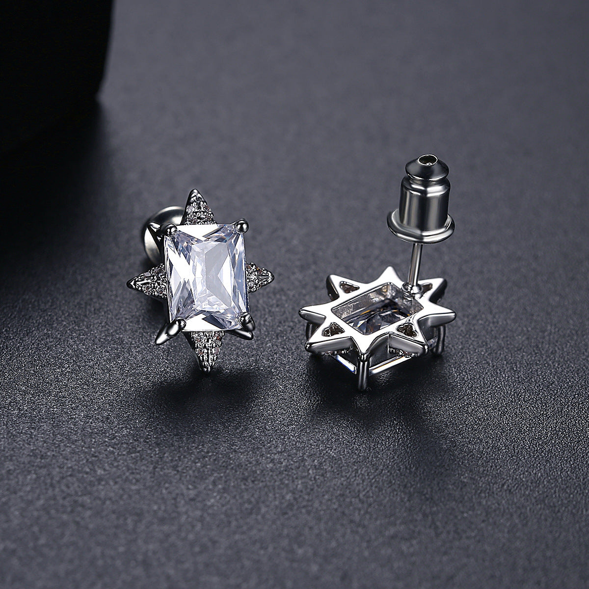 Cubic Zirconia and Crystal Silver-Plated Star Stud Earrings, silver stud earrings for women, detail close-up