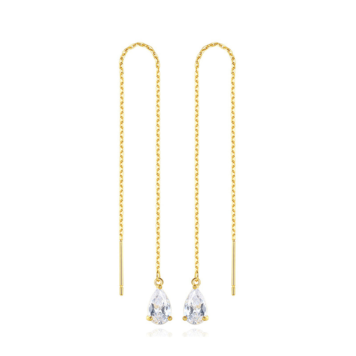 Crystal and 18K Gold-Plated Drop Threader Earrings, gold drop earrings for women, dainty minimalist design, front view