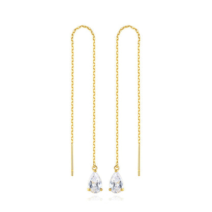 Crystal and 18K Gold-Plated Drop Threader Earrings, gold drop earrings for women, dainty minimalist design, front view
