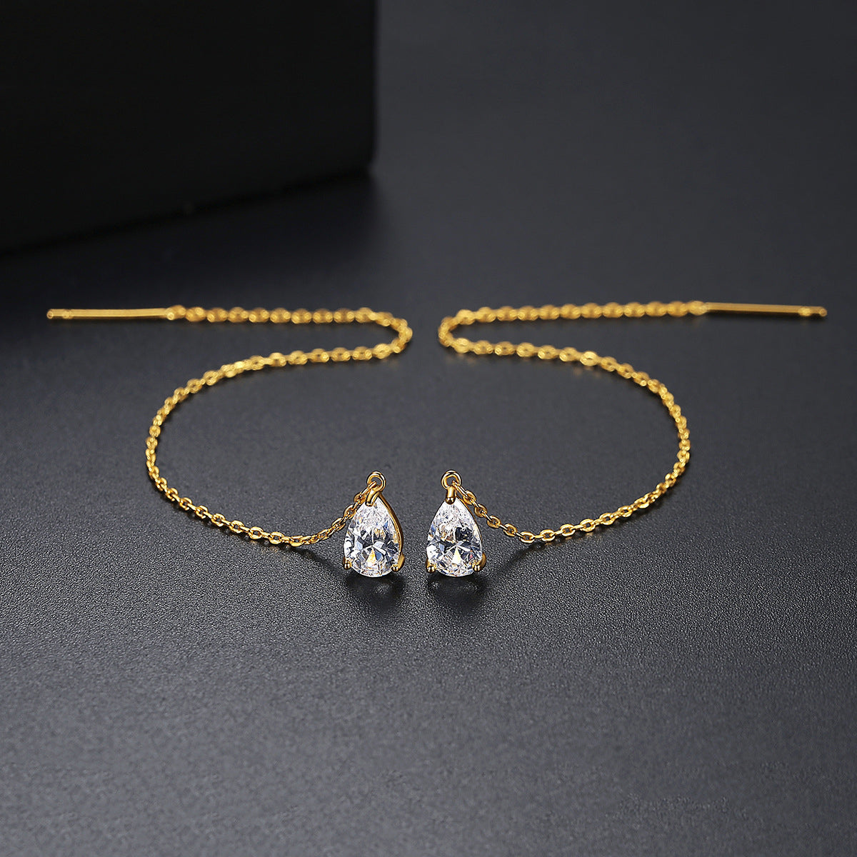 Crystal and 18K Gold-Plated Drop Threader Earrings, gold drop earrings for women, dainty minimalist design, detail close-up