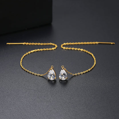 Crystal and 18K Gold-Plated Drop Threader Earrings, gold drop earrings for women, dainty minimalist design, detail close-up
