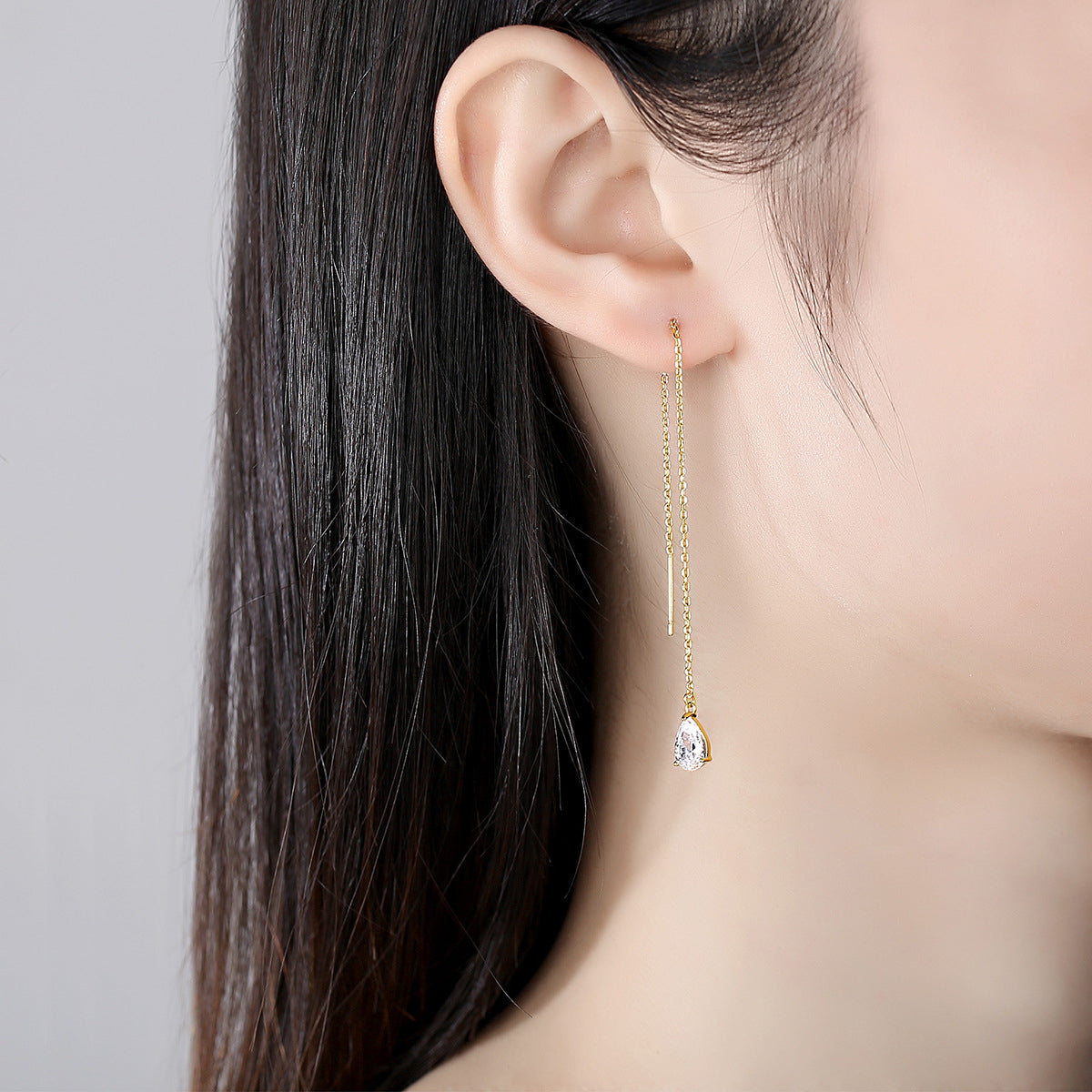 Crystal and 18K Gold-Plated Drop Threader Earrings, gold drop earrings for women, dainty minimalist design, lifestyle look