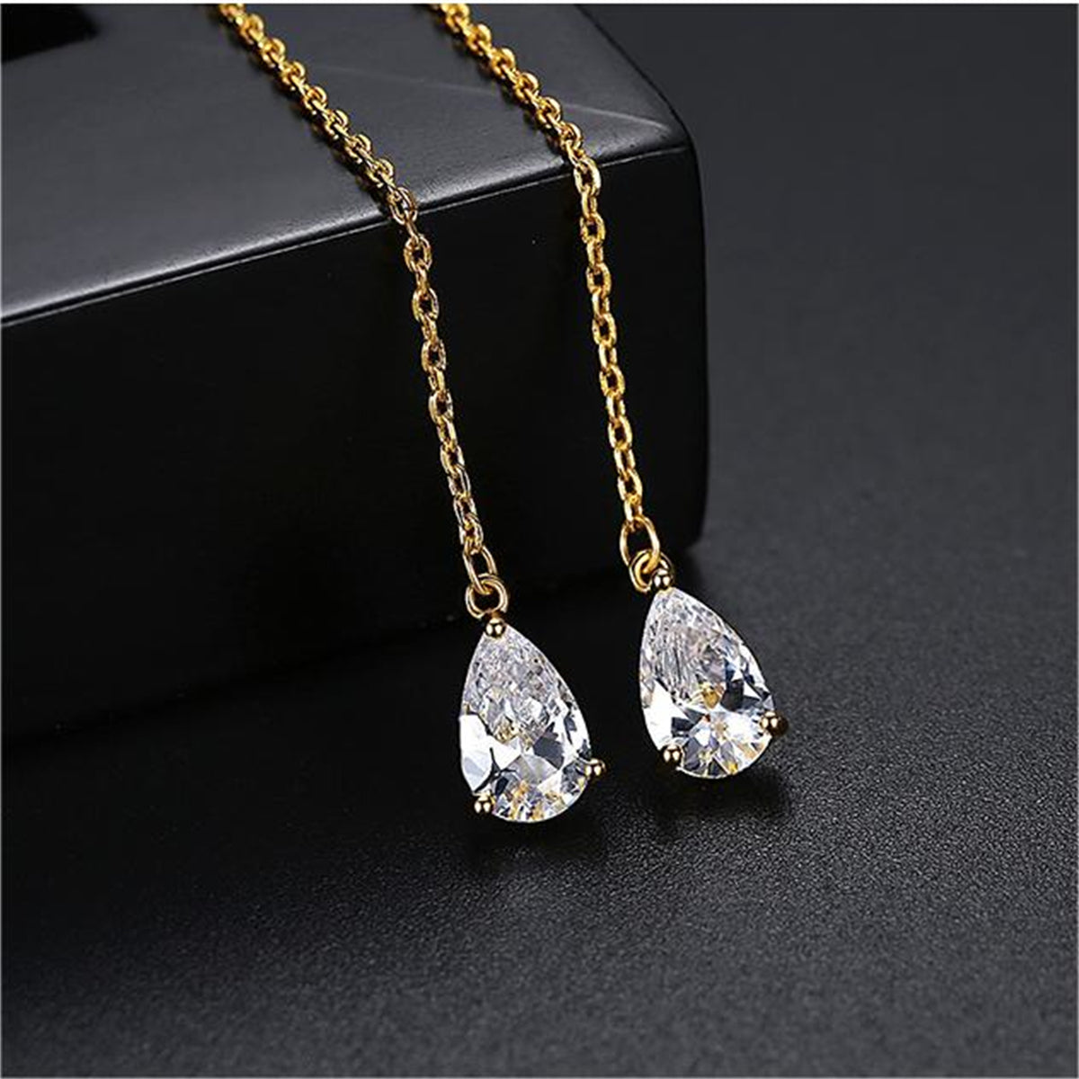 Crystal and 18K Gold-Plated Drop Threader Earrings, gold drop earrings for women, dainty minimalist design, side view