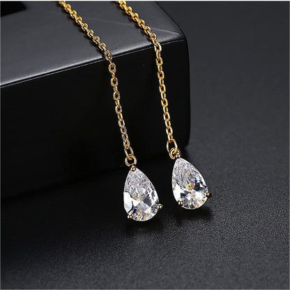 Crystal and 18K Gold-Plated Drop Threader Earrings, gold drop earrings for women, dainty minimalist design, side view