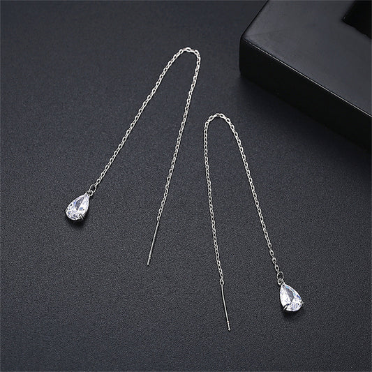 Crystal and Silver-Plated Drop Threader Earrings, silver drop earrings for women, elegant gift for her, front view