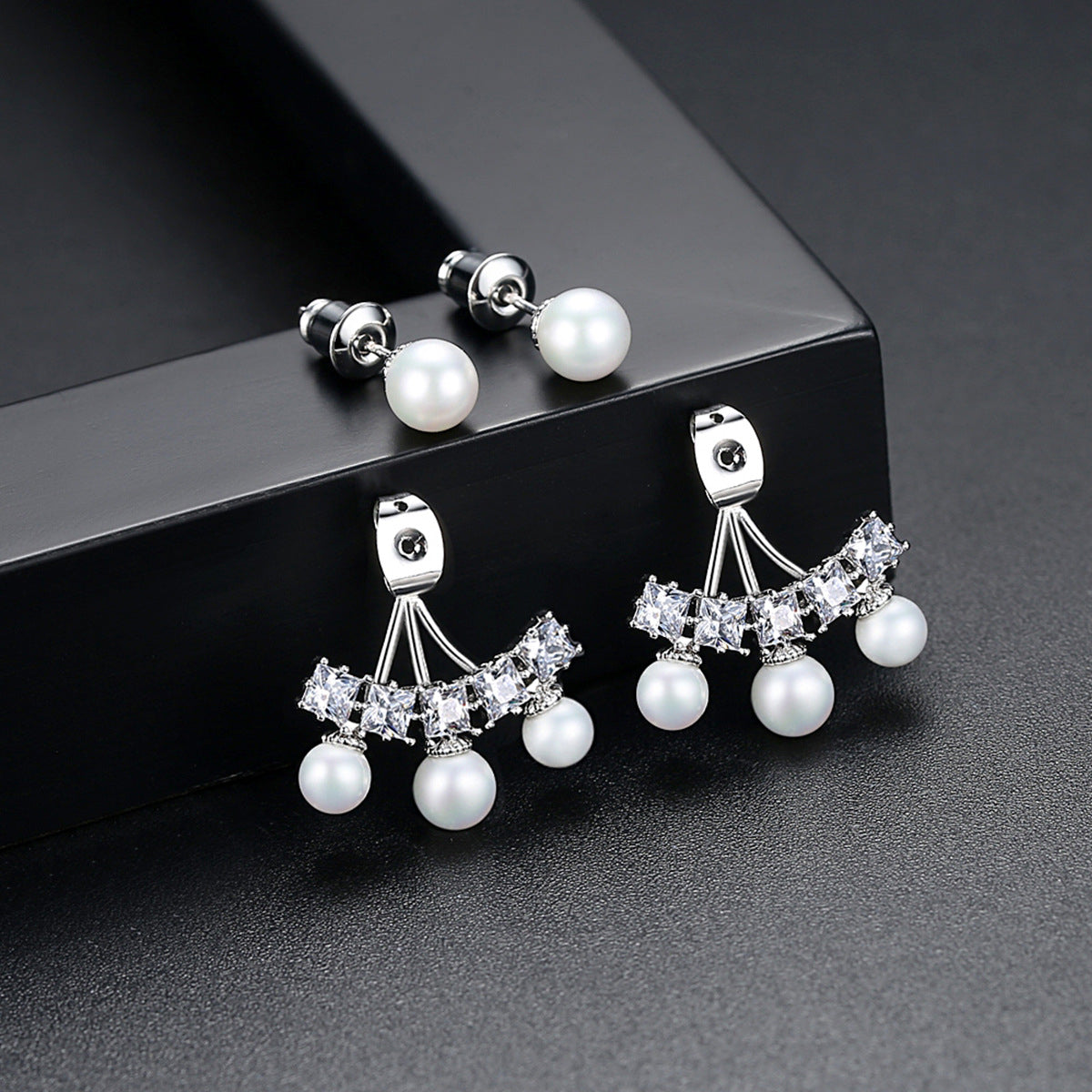 Crystal and Pearl Ear Jackets, stud earrings for women, elegant gift for her, detail close-up