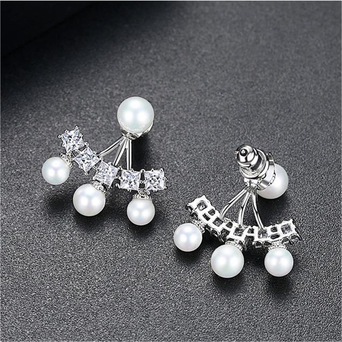 Crystal and Pearl Ear Jackets, stud earrings for women, elegant gift for her, front view