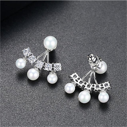 Crystal and Pearl Ear Jackets, stud earrings for women, elegant gift for her, front view