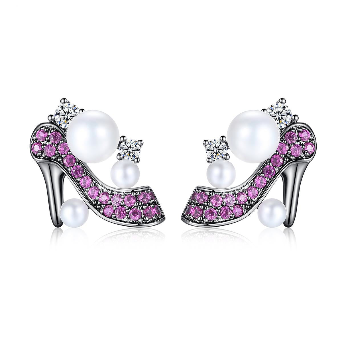 Pearl and Cubic Zirconia High-Heeled Shoe Stud Earrings, stud earrings for women, vintage-inspired design, front view