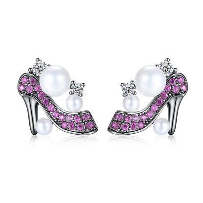 Pearl and Cubic Zirconia High-Heeled Shoe Stud Earrings, stud earrings for women, vintage-inspired design, front view