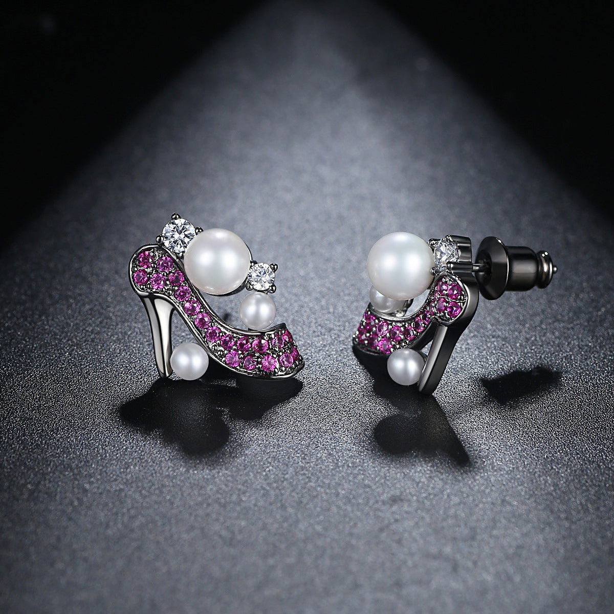 Pearl and Cubic Zirconia High-Heeled Shoe Stud Earrings, stud earrings for women, vintage-inspired design, side view
