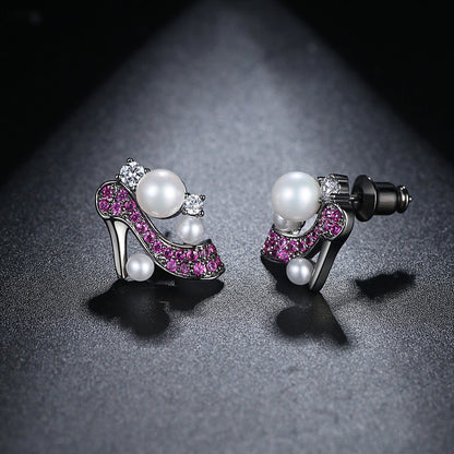 Pearl and Cubic Zirconia High-Heeled Shoe Stud Earrings, stud earrings for women, vintage-inspired design, side view