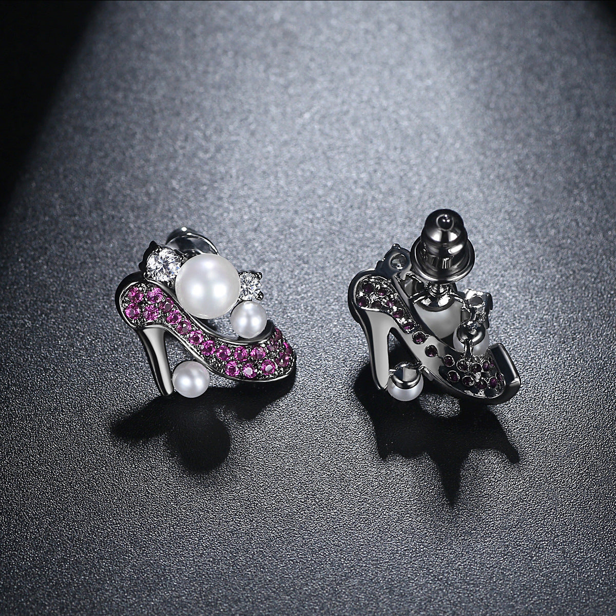 Pearl and Cubic Zirconia High-Heeled Shoe Stud Earrings, stud earrings for women, vintage-inspired design, detail close-up