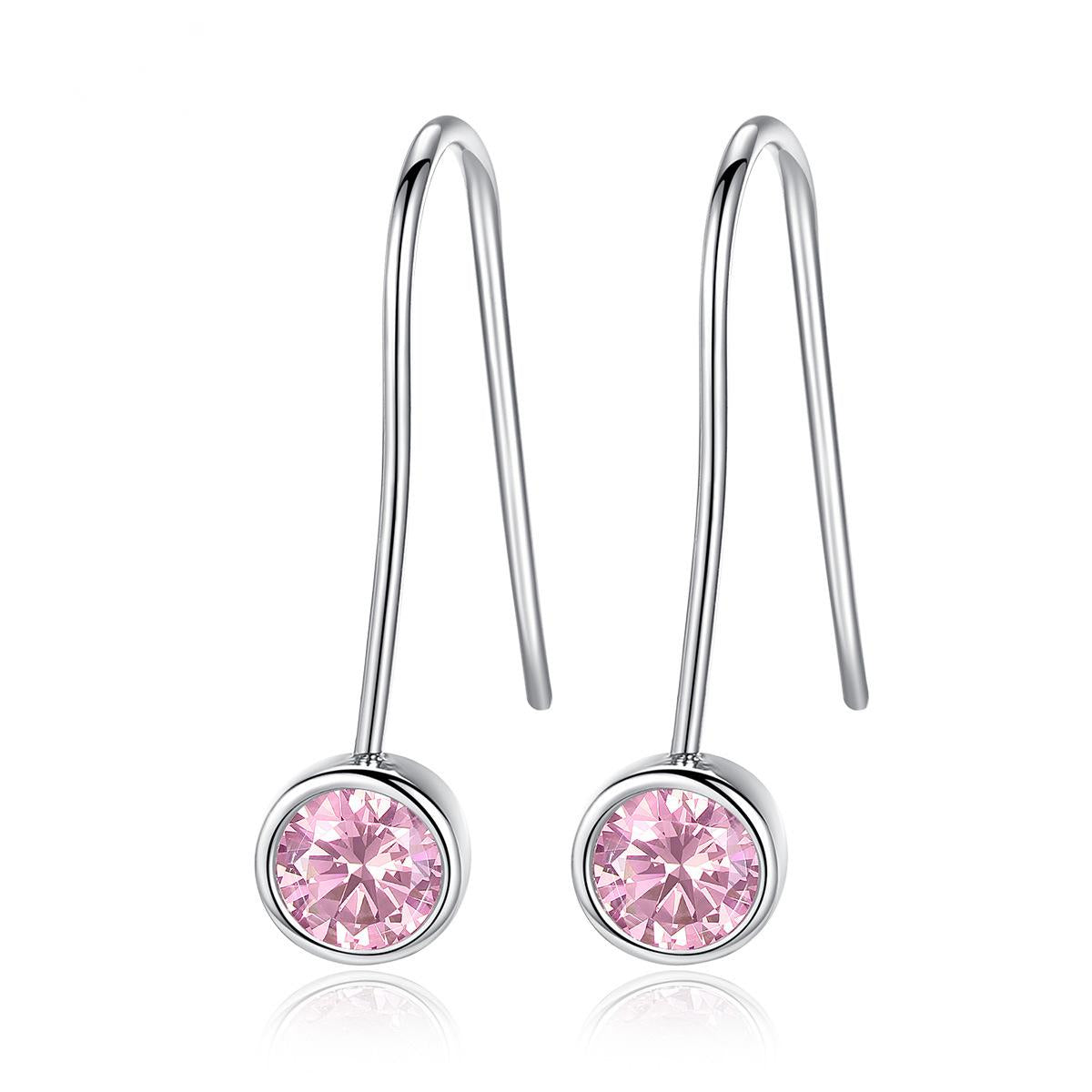Pink Cubic Zirconia and Silver-Plated Bezel-Set Drop Earrings, silver drop earrings for women, front view