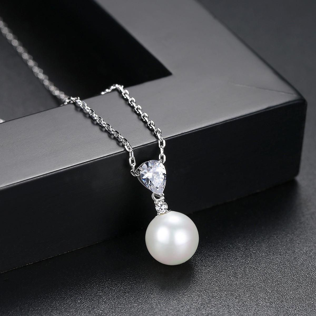 Crystal and Pearl Cubic Zirconia-Accent Drop Pendant Necklace, pendant necklace for women, detail close-up