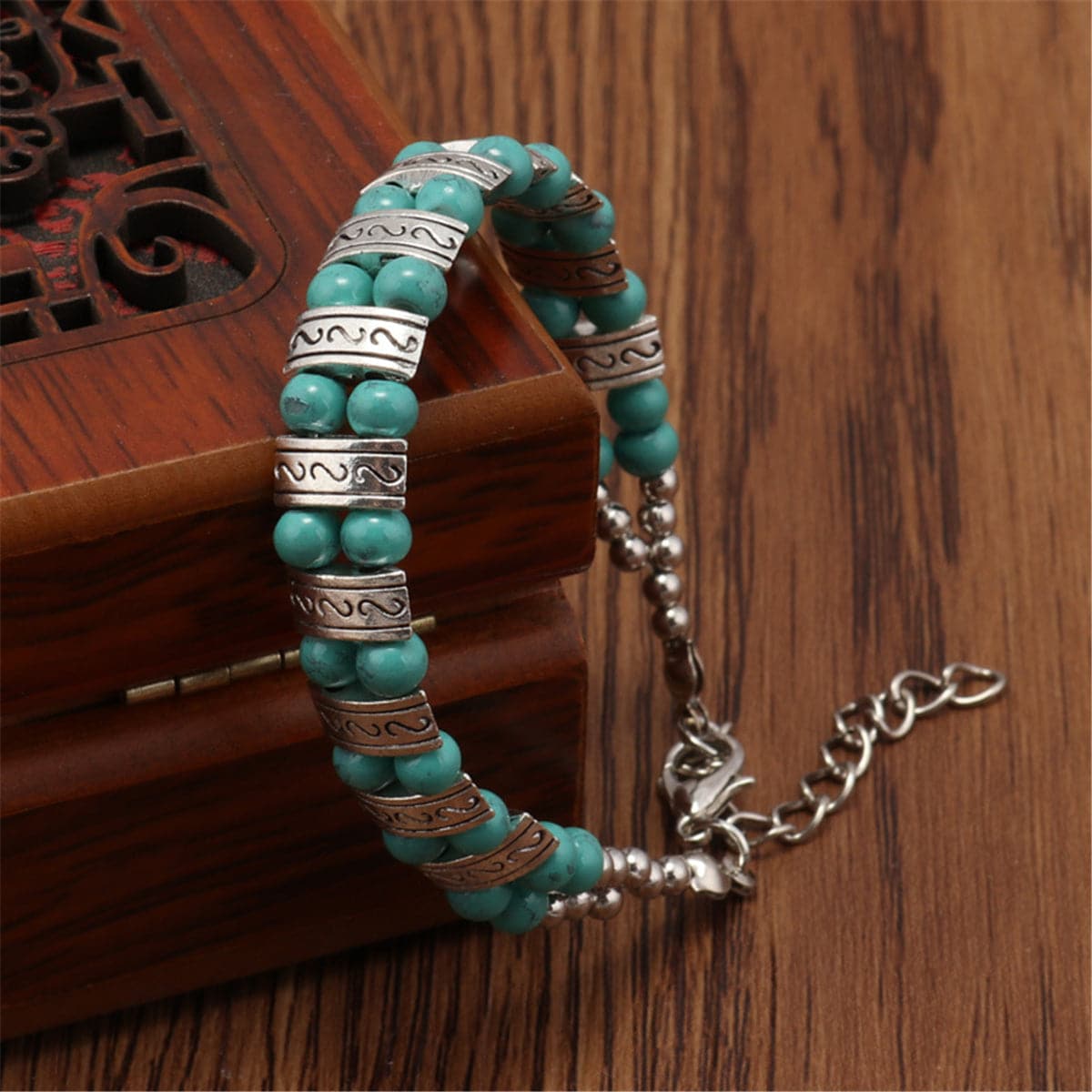 Turquoise & Silver-Plated Beaded Bracelet
