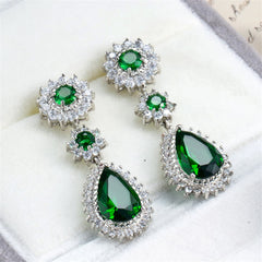 Green Crystal & Silver-Plated Halo Drop Earrings