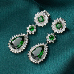 Green Crystal & Silver-Plated Halo Drop Earrings