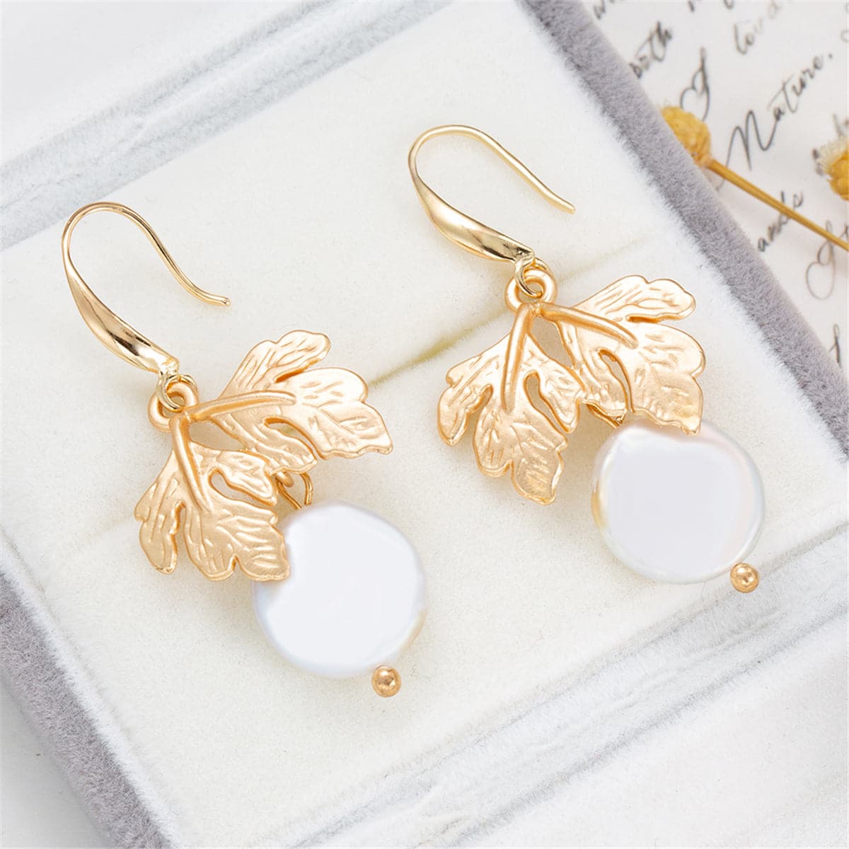 Pearl & 18K Gold-Plated Leaf Drop Earrings
