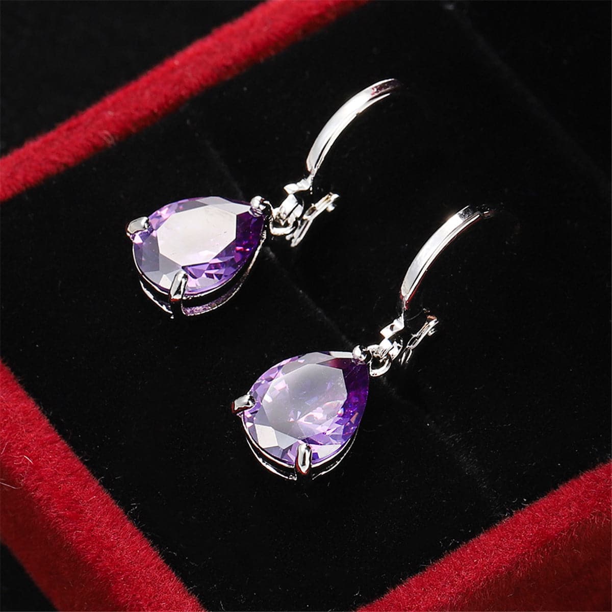 Purple Crystal & Silver-Plated Teardrop Leverback Earrings