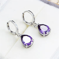 Purple Crystal & Silvertone Teardrop Leverback Earrings