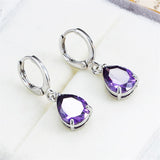 Purple Crystal & Silvertone Teardrop Leverback Earrings