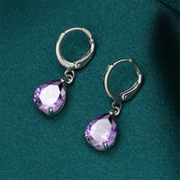 Purple Crystal & Silvertone Teardrop Leverback Earrings