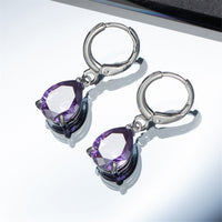 Purple Crystal & Silvertone Teardrop Leverback Earrings