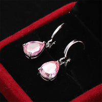 Pink Crystal & Silvertone Teardrop Leverback Earrings