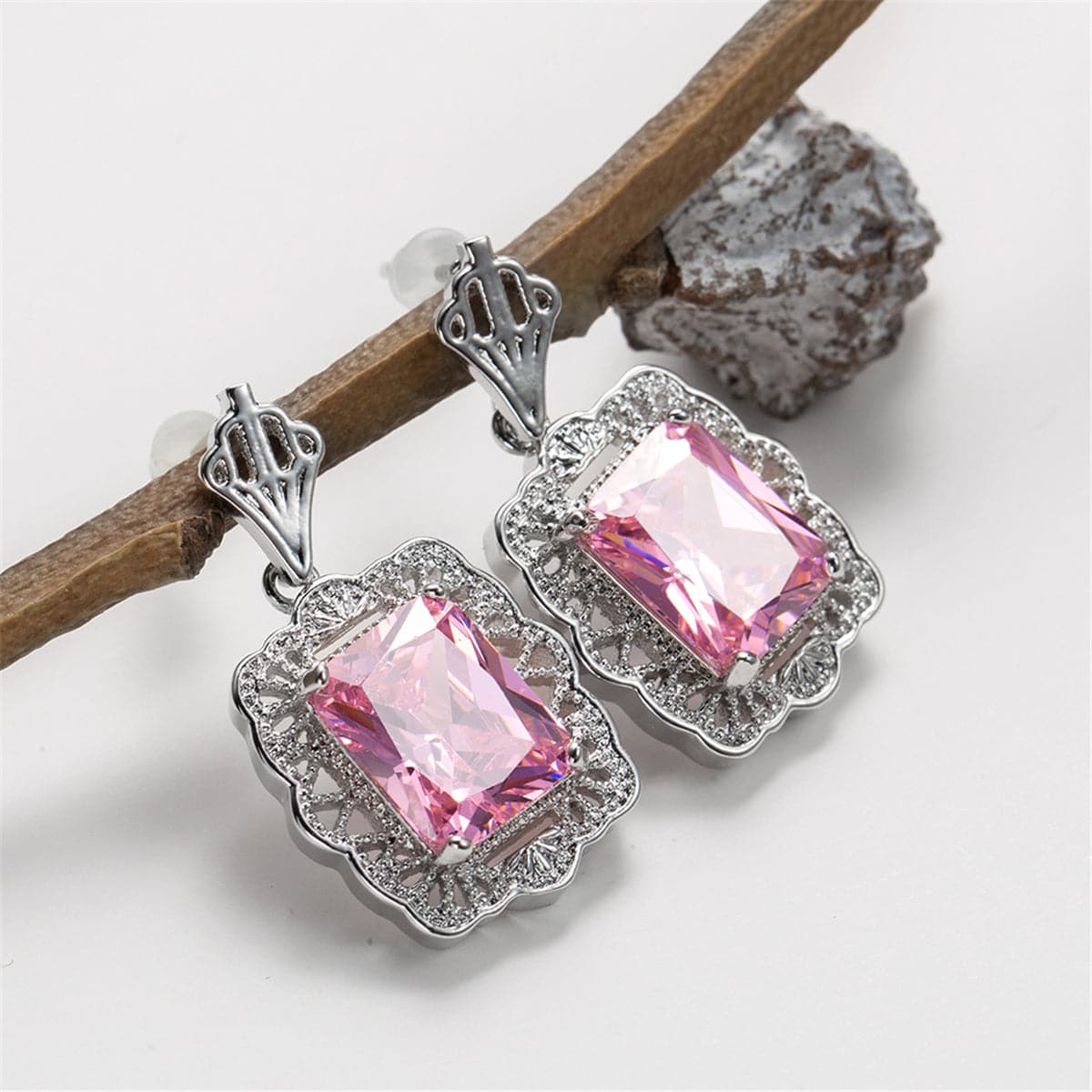 Pink Crystal & Silver-Plated Radient-Cut Drop Earrings