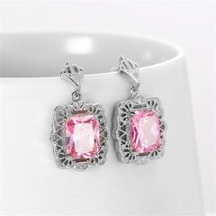 Pink Crystal & Silver-Plated Radient-Cut Drop Earrings
