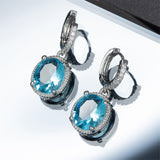 Sea Blue Crystal & Silver-Plated Halo Oval Drop Earrings