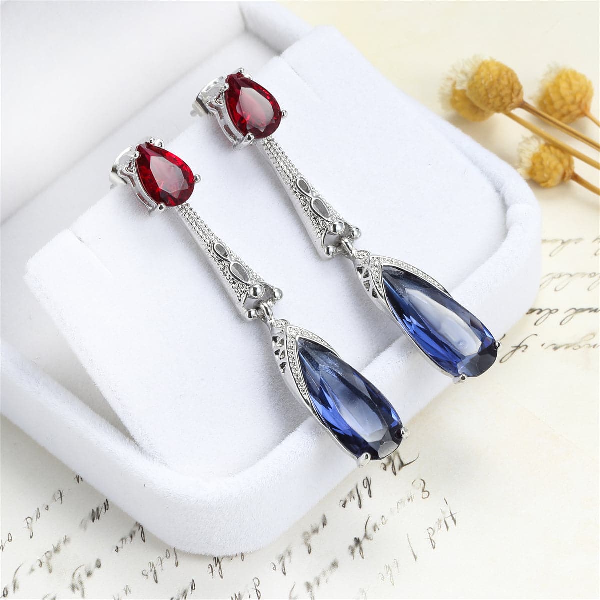 Red & Dark Blue Crystal Drop Earrings