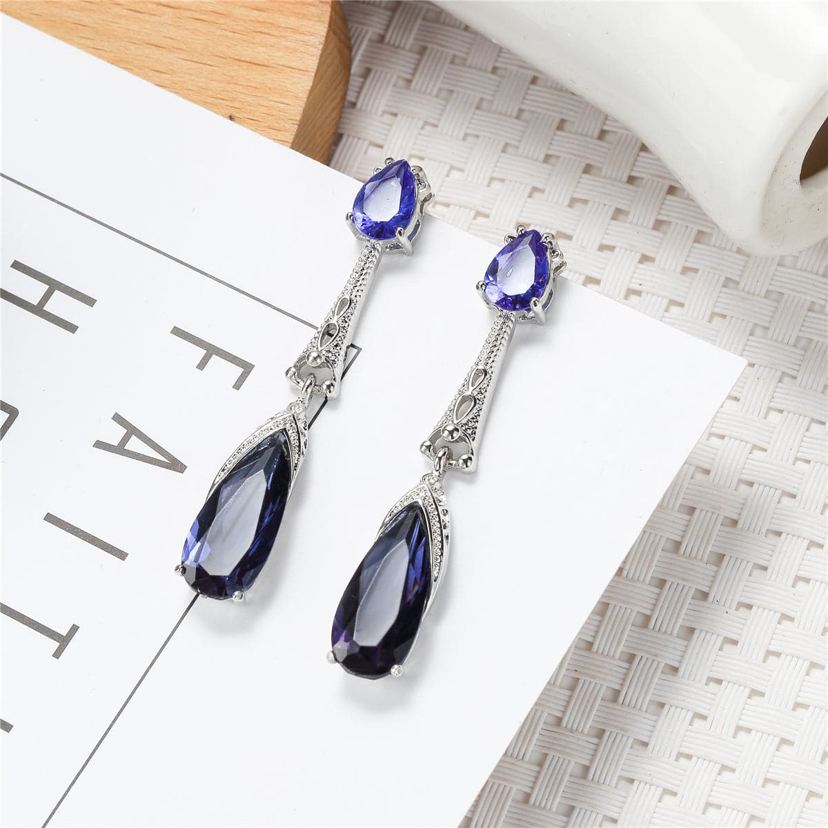Blue Crystal & Silver-Plated Drop Earrings