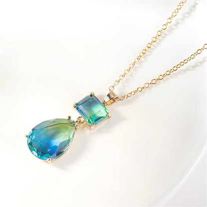 Blue Crystal and 18K Gold-Plated Stack Teardrop Pendant Necklace, gold pendant necklace for women, detail close-up