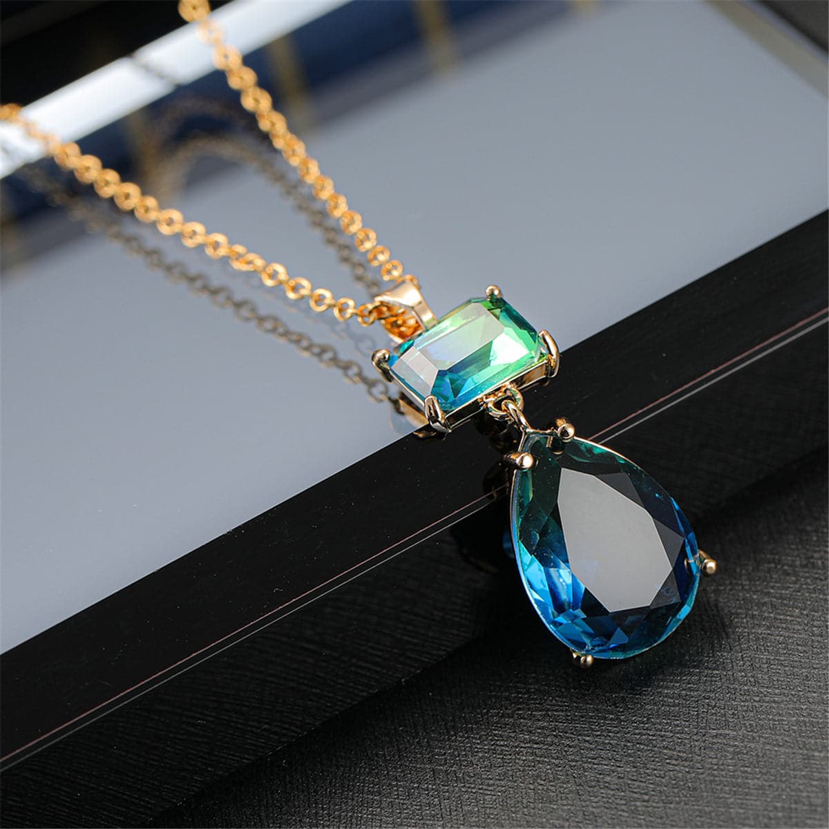 Blue Crystal and 18K Gold-Plated Stack Teardrop Pendant Necklace, gold pendant necklace for women, front view