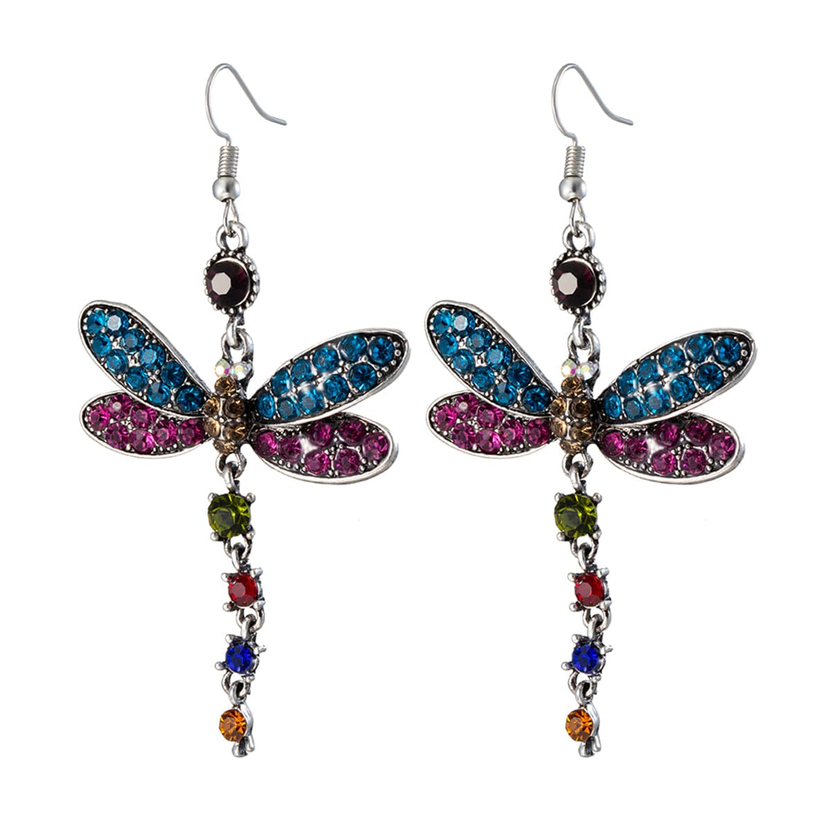 Blue and Pink Crystal and Silver-Plated Dragonfly Drop Earrings, silver drop earrings for women, front view